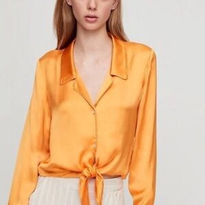 NEW Wilfred Tuscan Sun Satin Long Sleeve Tie Front Cropped Blouse Size XXS